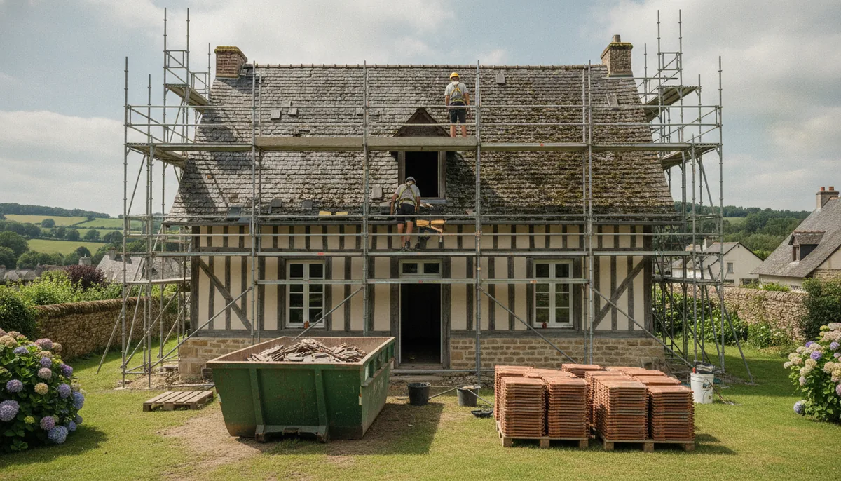 Toiture en cours de réfection sur une maison rouennaise, avec échafaudage et tuiles neuves