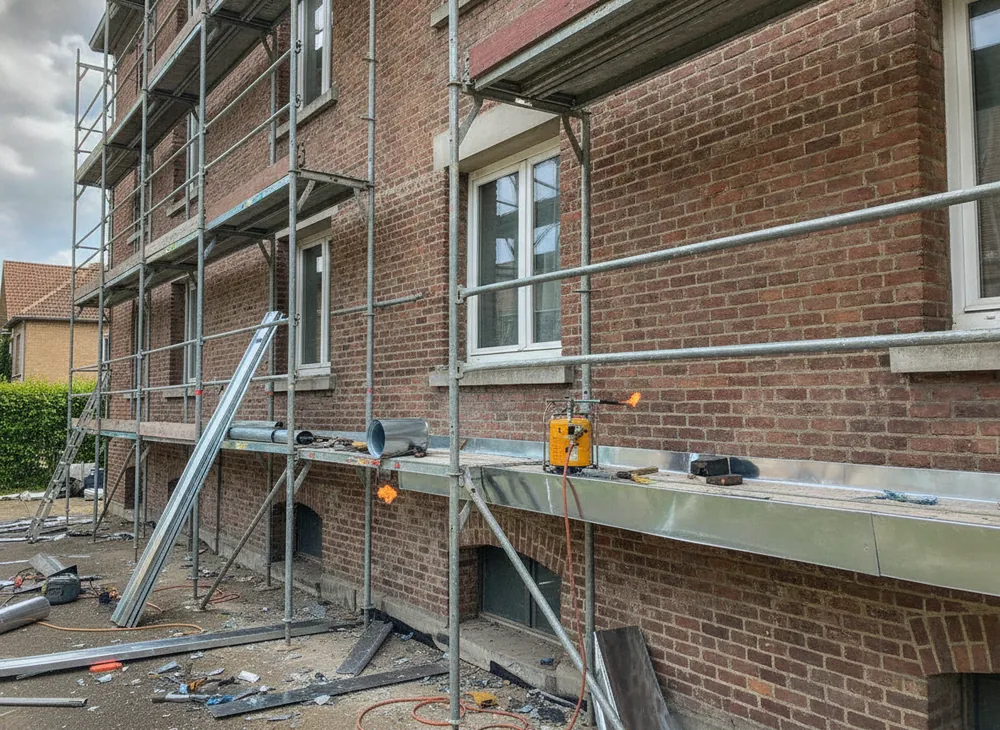 Chéneau en zinc en cours de remplacement sur un immeuble de brique à Rouen