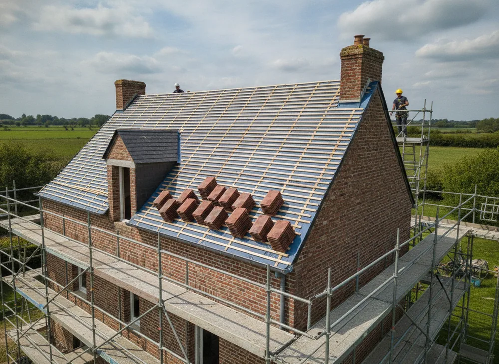 Rénovation complète d’une toiture en tuiles sur une maison de brique à Rouen