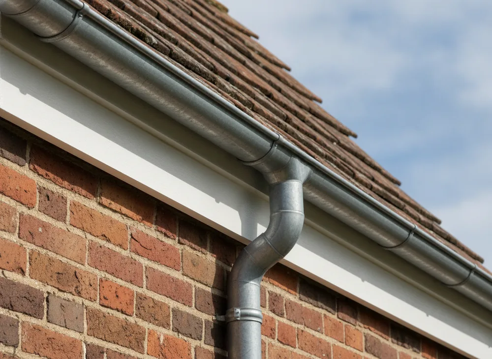 Pose d’une gouttière en zinc sur une maison de brique de l’agglomération rouennaise